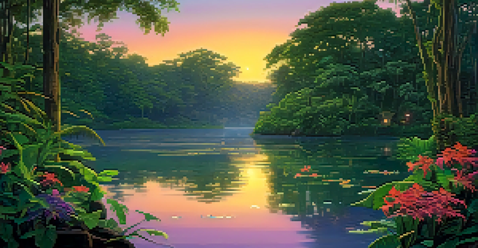 A peaceful Amazon rainforest at twilight with a river, lush greenery, and a simple ceremonial altar by the water.