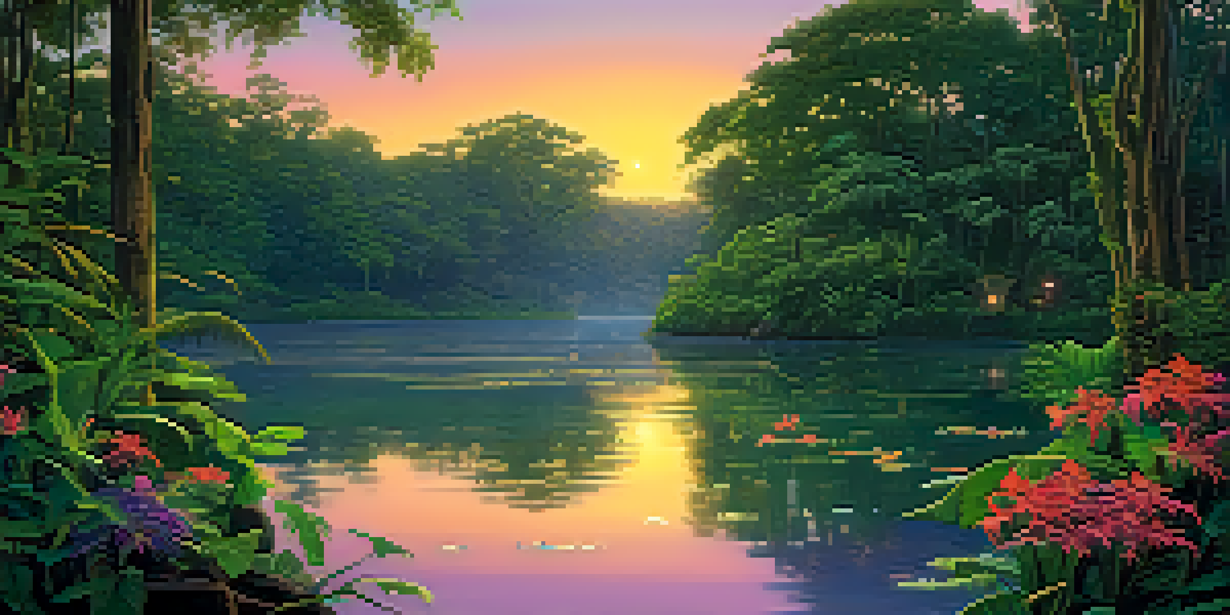A peaceful Amazon rainforest at twilight with a river, lush greenery, and a simple ceremonial altar by the water.