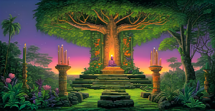 A peaceful Amazon rainforest with a shamanic altar, surrounded by lush greenery and a colorful sunset sky.