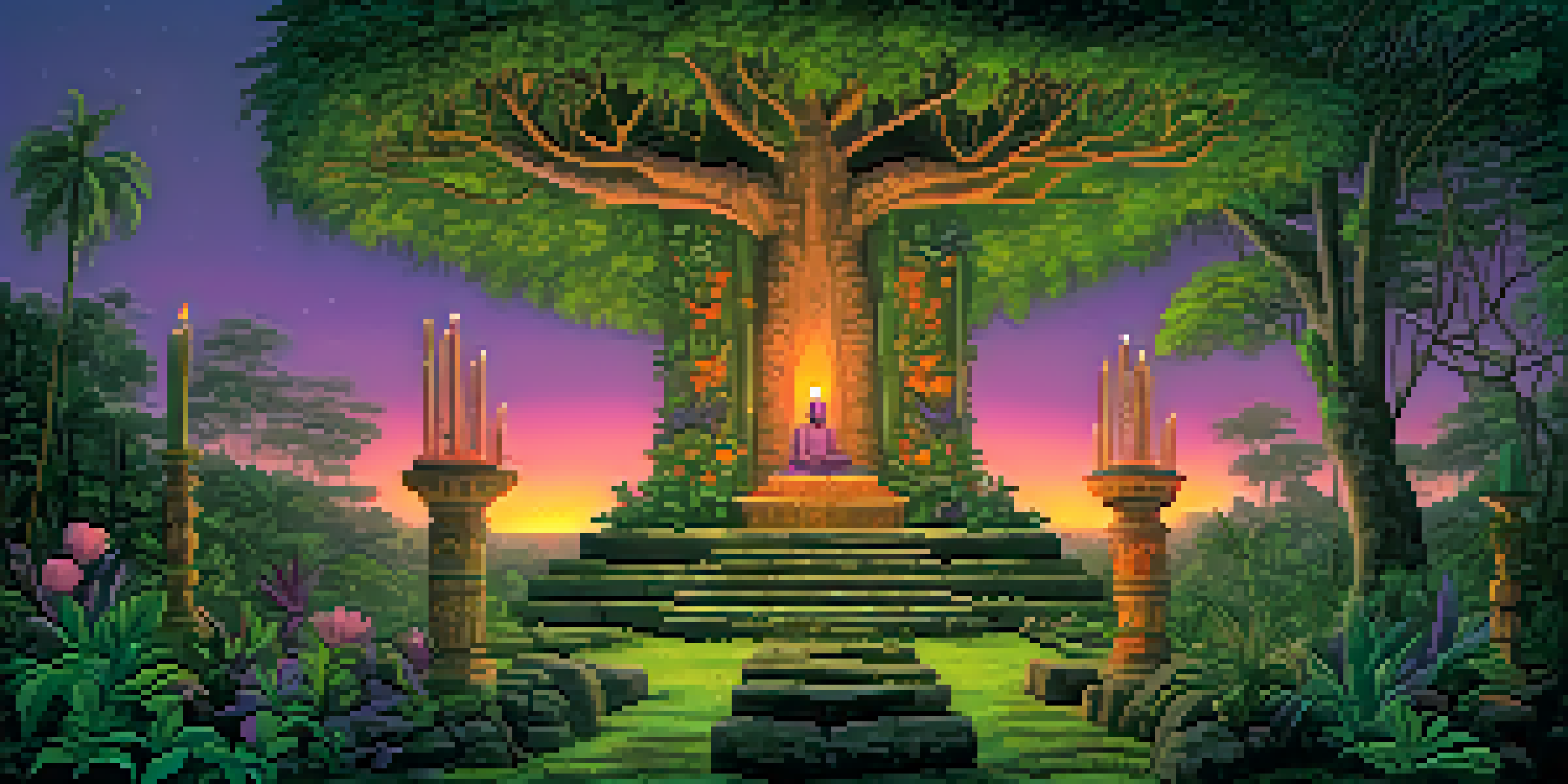 A peaceful Amazon rainforest with a shamanic altar, surrounded by lush greenery and a colorful sunset sky.