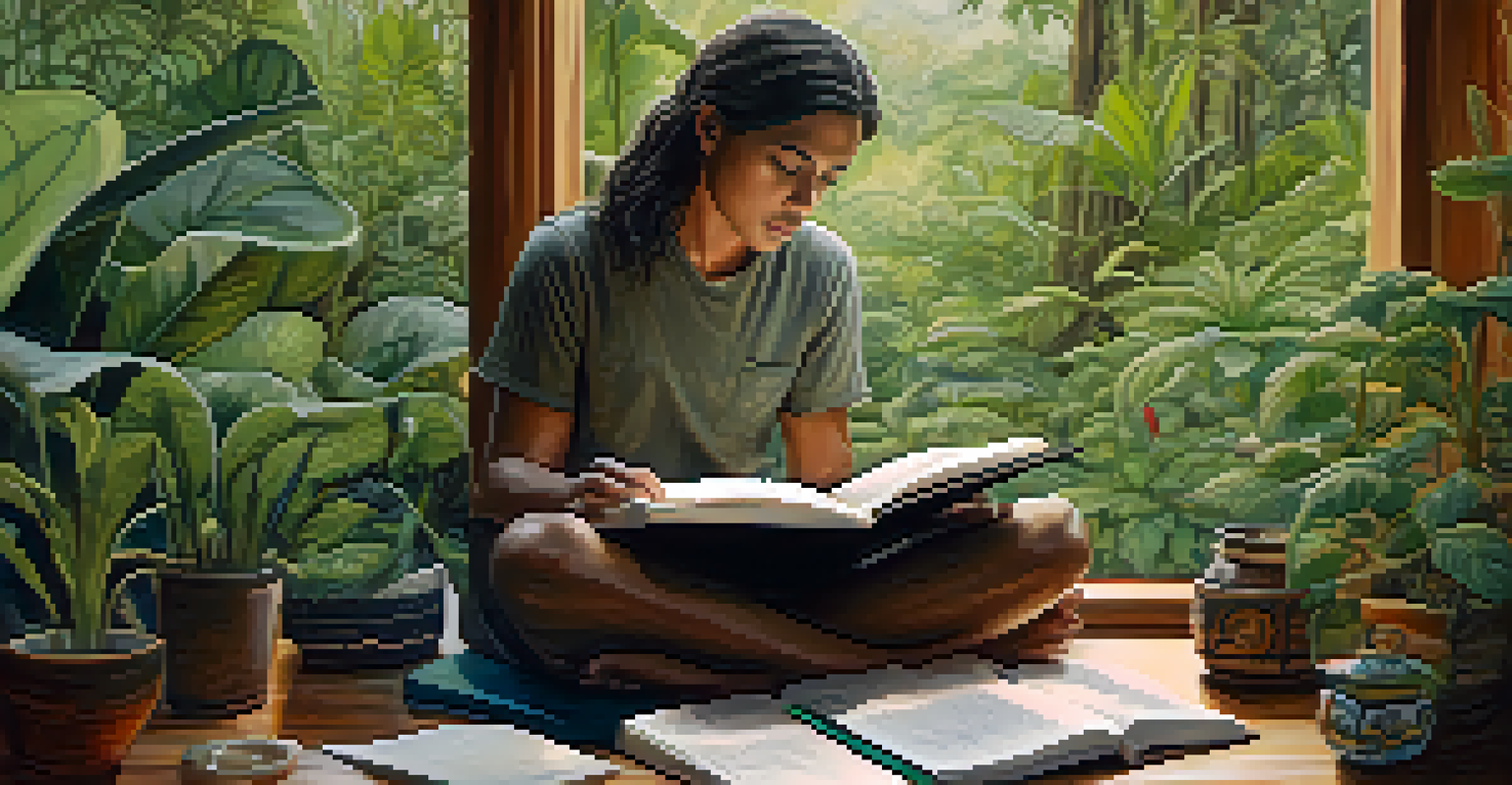 A person journaling after an ayahuasca experience in a cozy, plant-filled room.