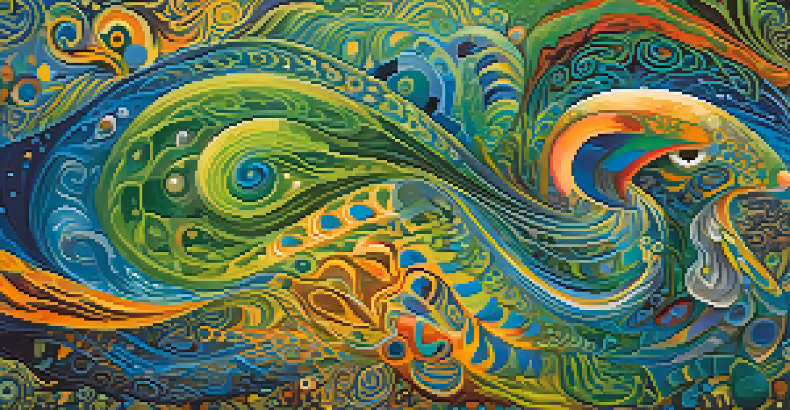 An abstract image depicting an ayahuasca journey with swirling colors, featuring animal spirits like an owl and a dolphin within the vibrant patterns.