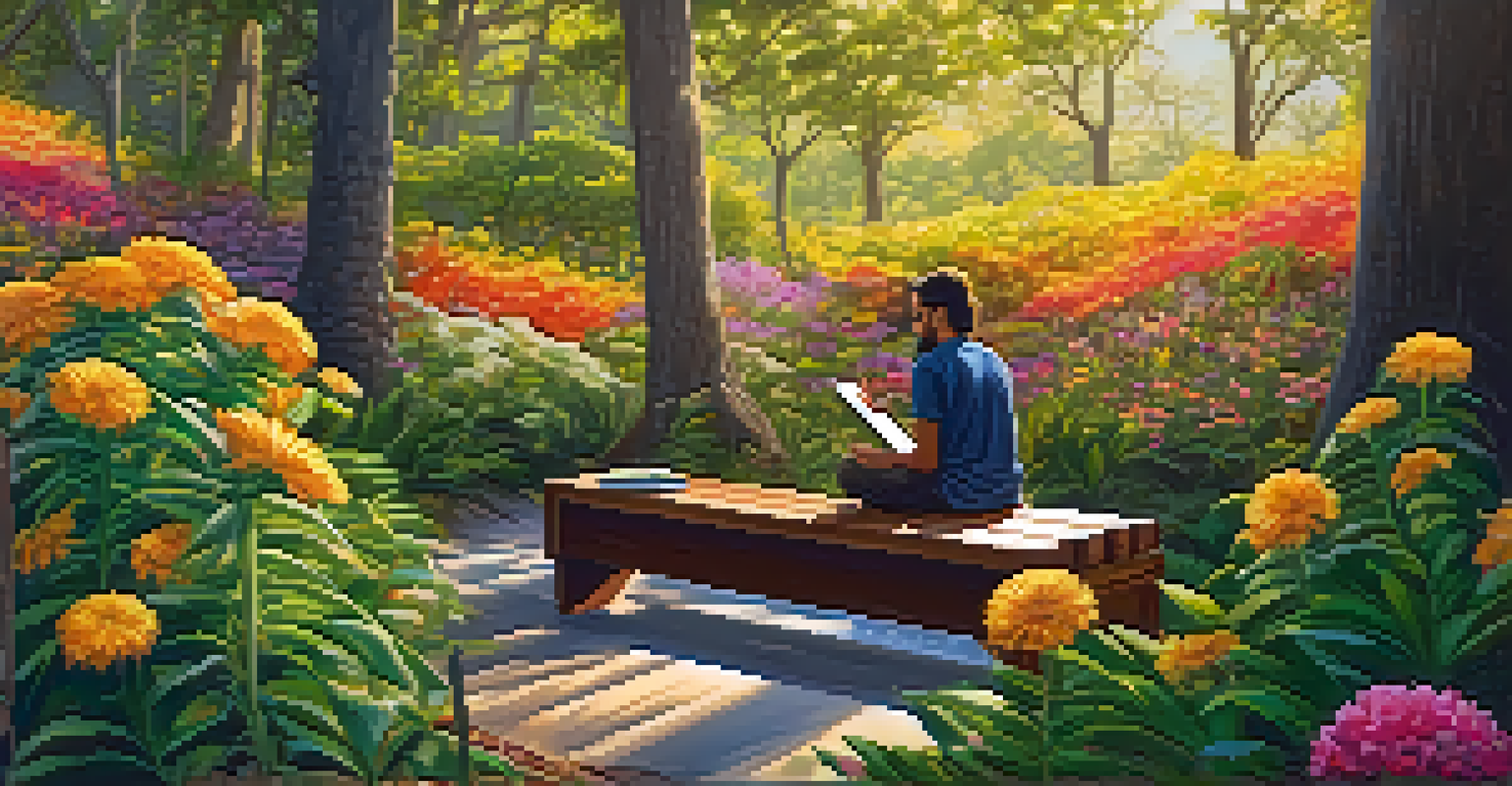 A person journaling outdoors after an Ayahuasca journey, surrounded by vibrant flowers and trees, reflecting a sense of clarity.