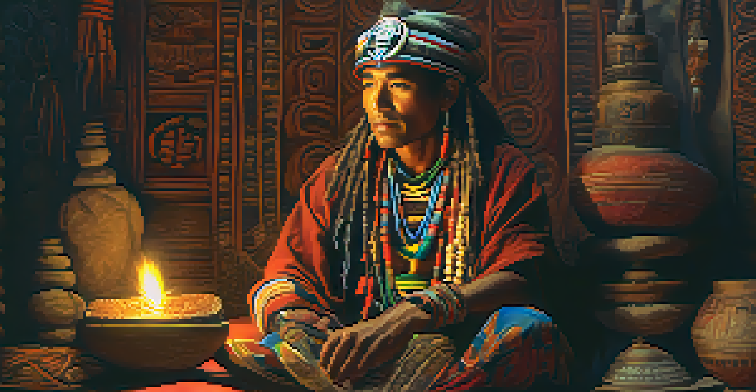 A shaman in traditional attire holding a bowl of Ayahuasca in a dimly lit ceremonial space.