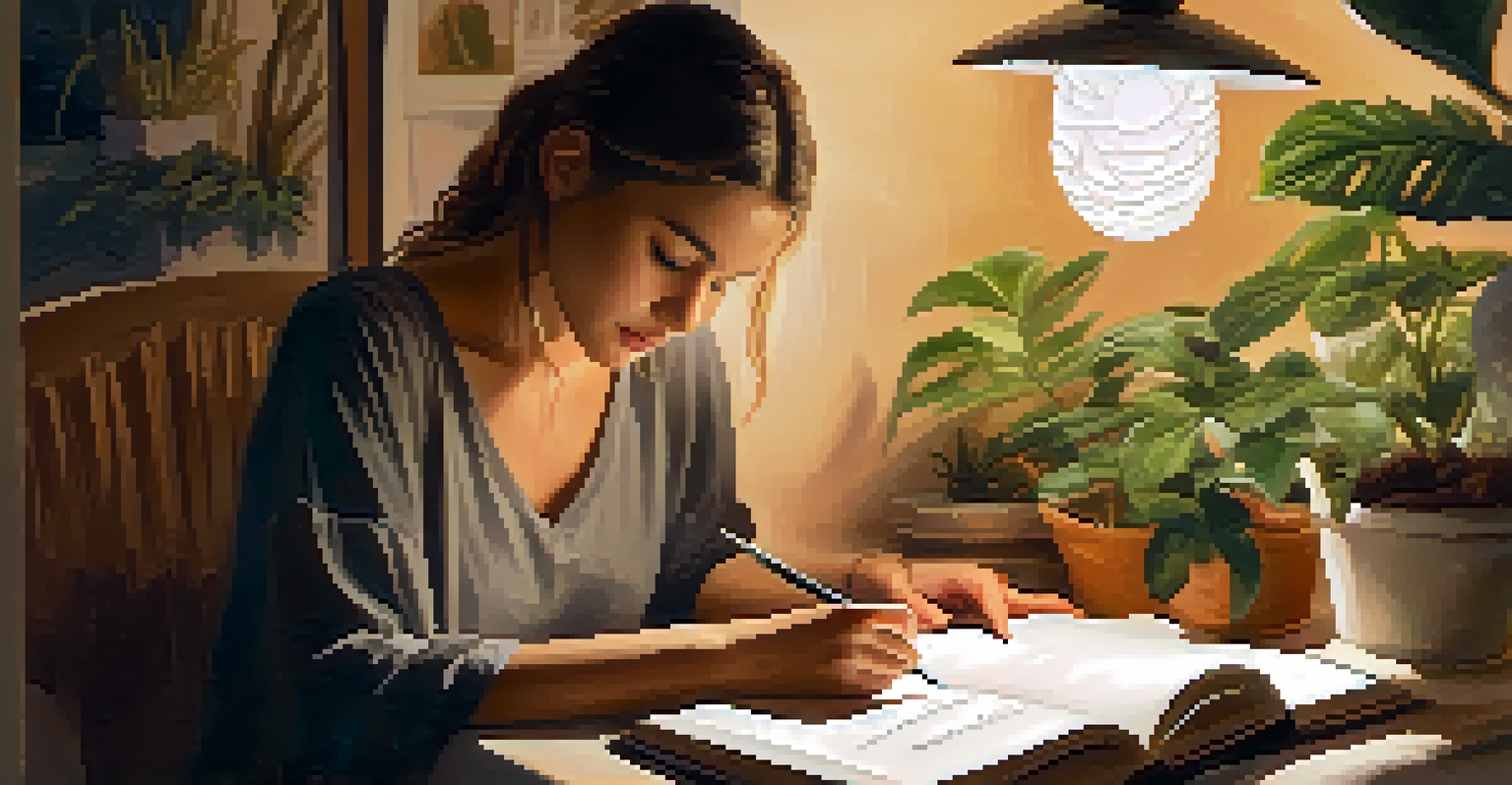 A person writing in a journal under a warm lamp surrounded by plants, reflecting on personal experiences.