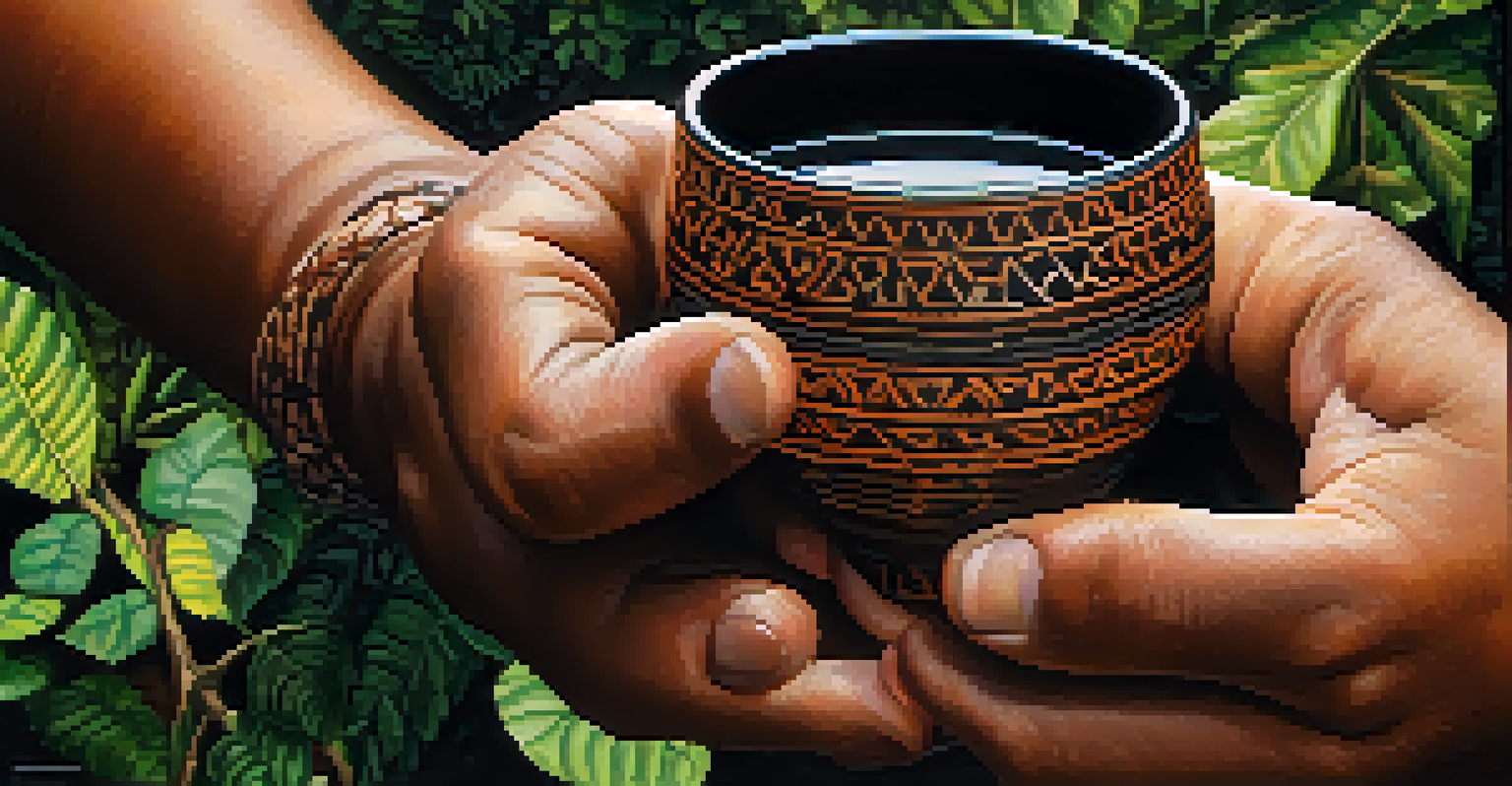 A close-up of hands holding a ceramic cup of ayahuasca brew, with blurred greenery in the background and natural light highlighting the textures.