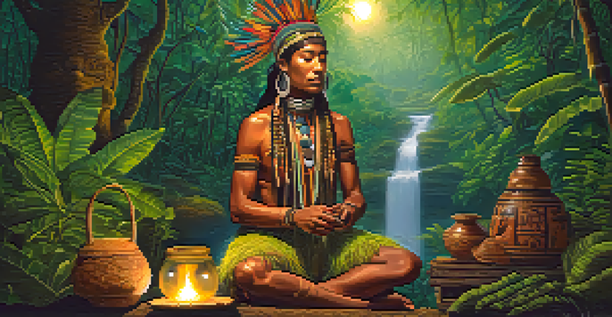 A shaman in traditional attire prepares ayahuasca in a lush Amazon rainforest, surrounded by vibrant plants and glowing fireflies under a dusky sky.