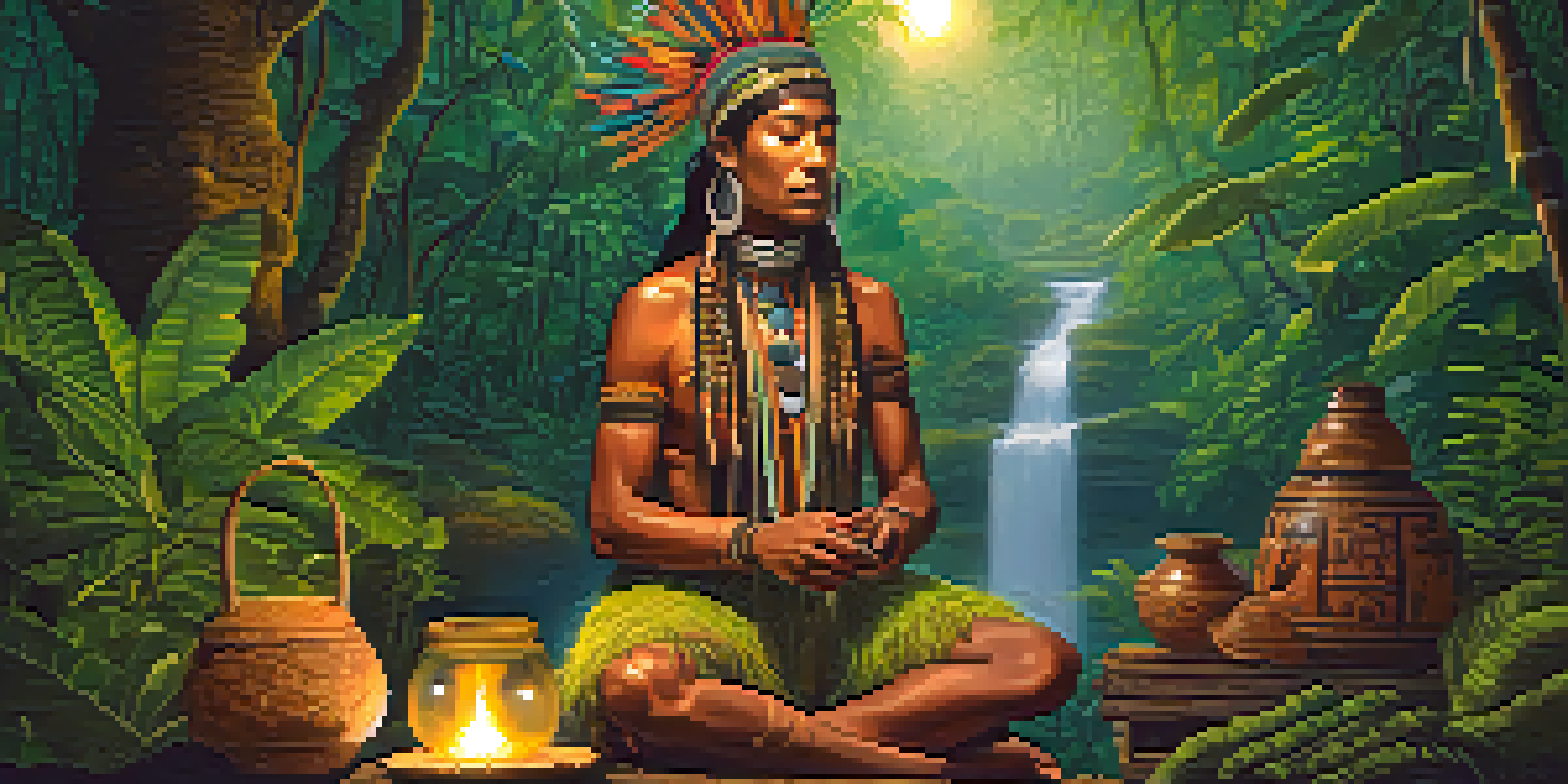 A shaman in traditional attire prepares ayahuasca in a lush Amazon rainforest, surrounded by vibrant plants and glowing fireflies under a dusky sky.