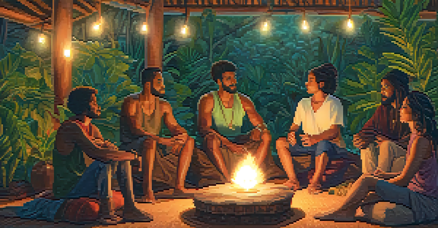 A diverse group of people sitting in a circle during an Ayahuasca integration circle, illuminated by warm candlelight.