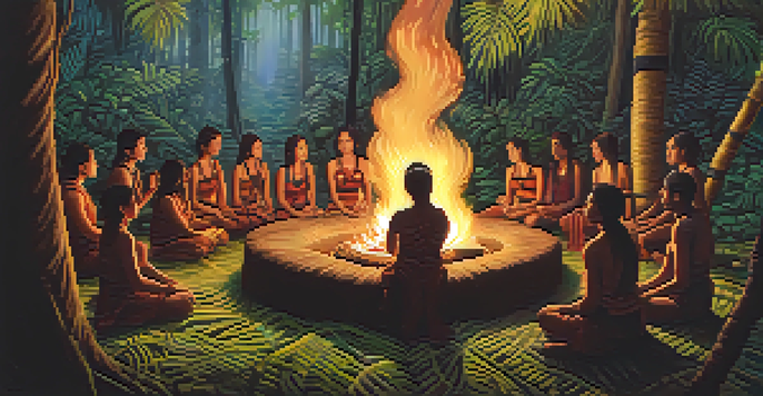 A peaceful Ayahuasca ceremony in a jungle with participants gathered around a fire, while a shaman plays a flute.