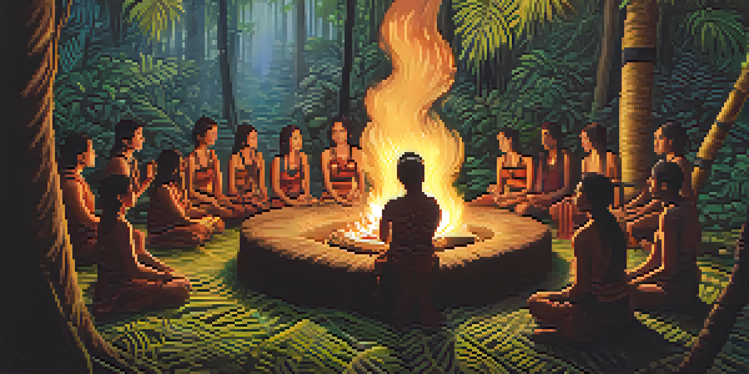 A peaceful Ayahuasca ceremony in a jungle with participants gathered around a fire, while a shaman plays a flute.