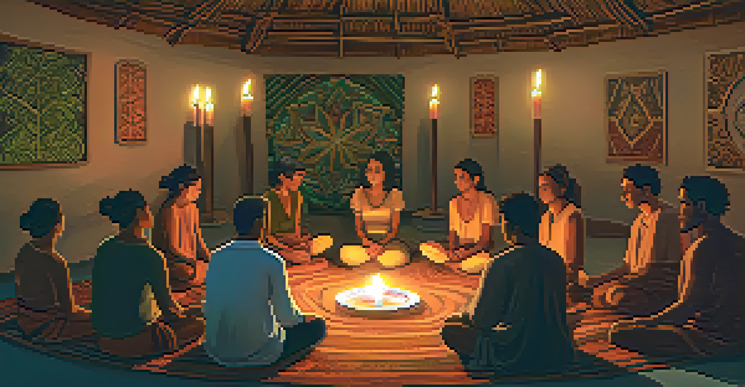 Participants engaged in an ayahuasca ceremony in a candle-lit room, sitting in a circle around a central altar.
