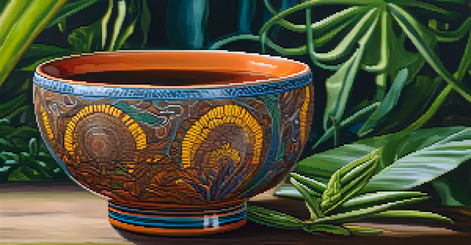 A close-up of a colorful Ayahuasca brew in a beautifully designed ceramic cup, set against a backdrop of tropical plants and flowers.