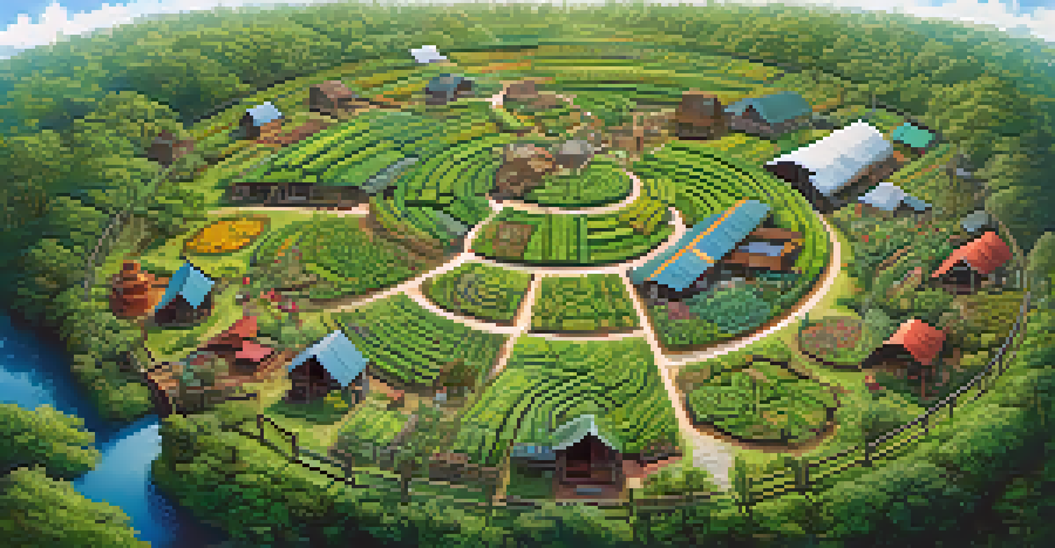 Aerial view of a permaculture farm with diverse plants and farmers working together under blue skies.