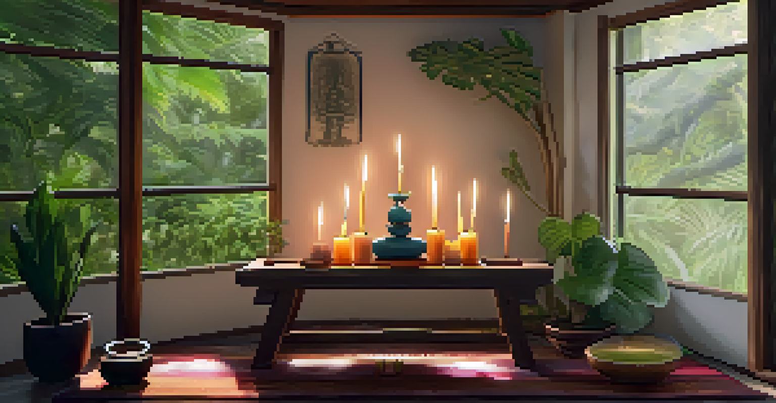 A meditation space with an altar for Ayahuasca preparation, featuring plants and candles, illuminated by soft natural light.