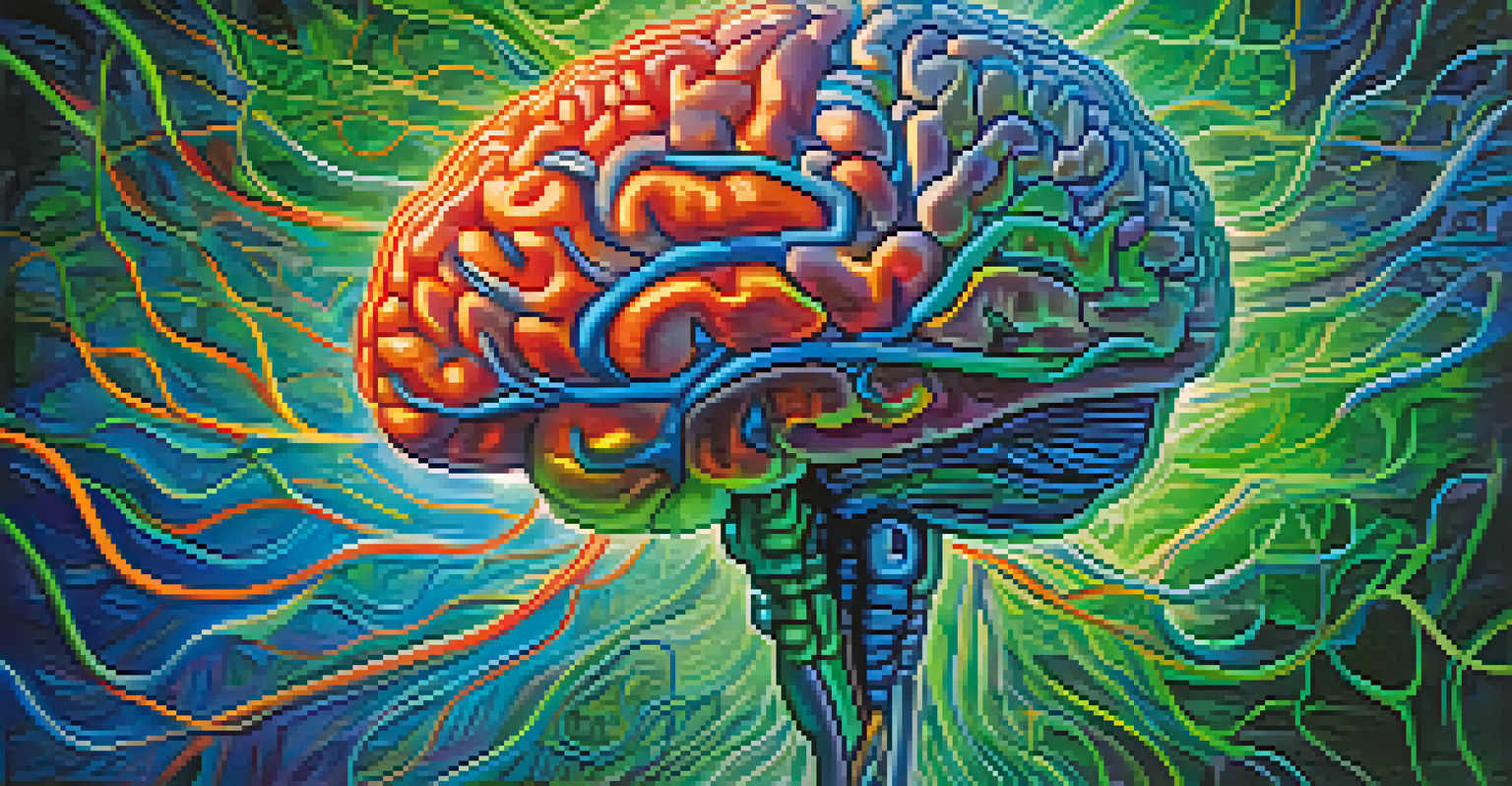 An artistic illustration of the human brain with vibrant colors representing neuroplasticity and altered states of consciousness, surrounded by swirling patterns.