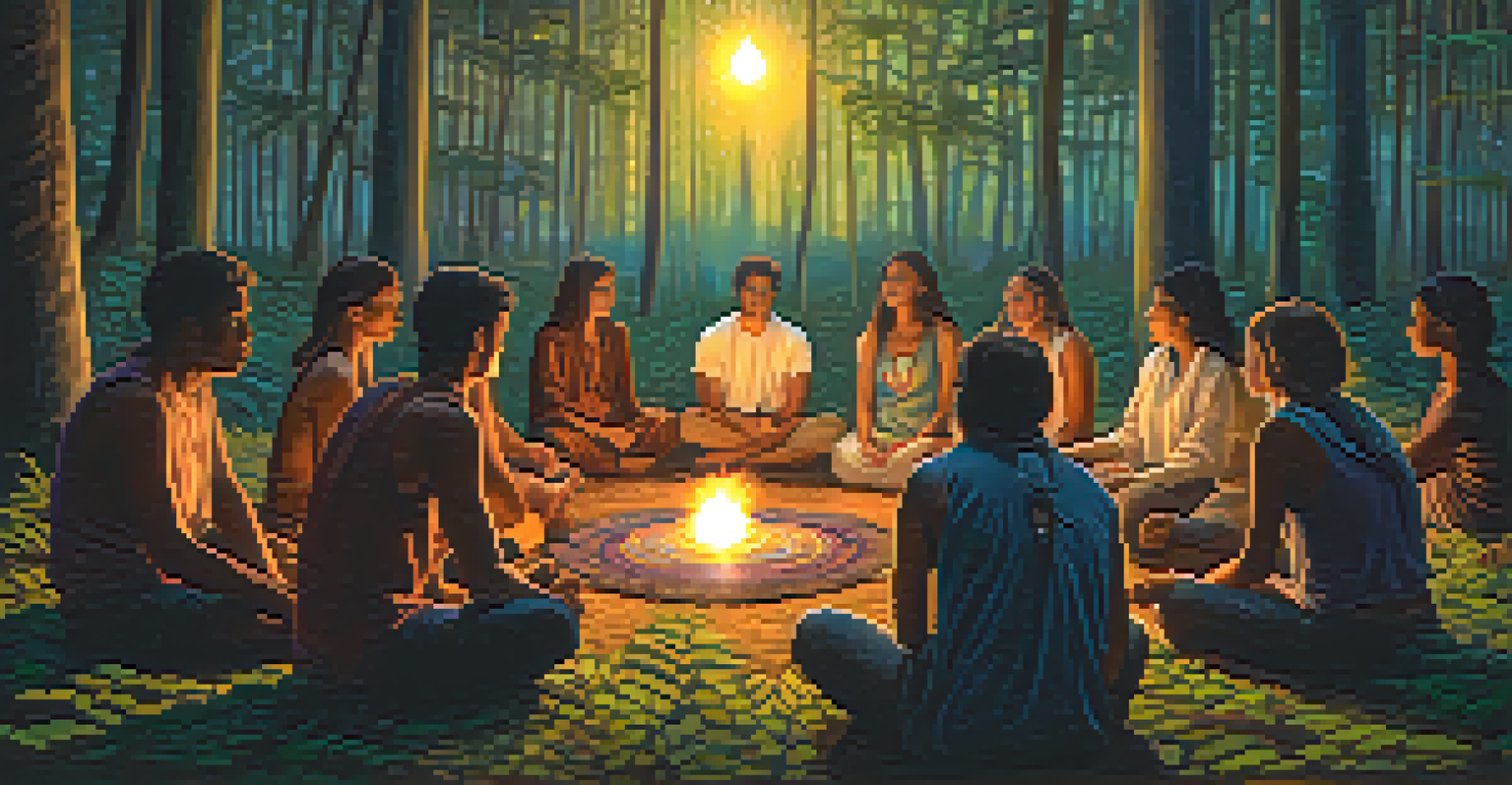 Participants sitting in a circle in a tranquil forest, reflecting during an ayahuasca ceremony with candles illuminating their faces.