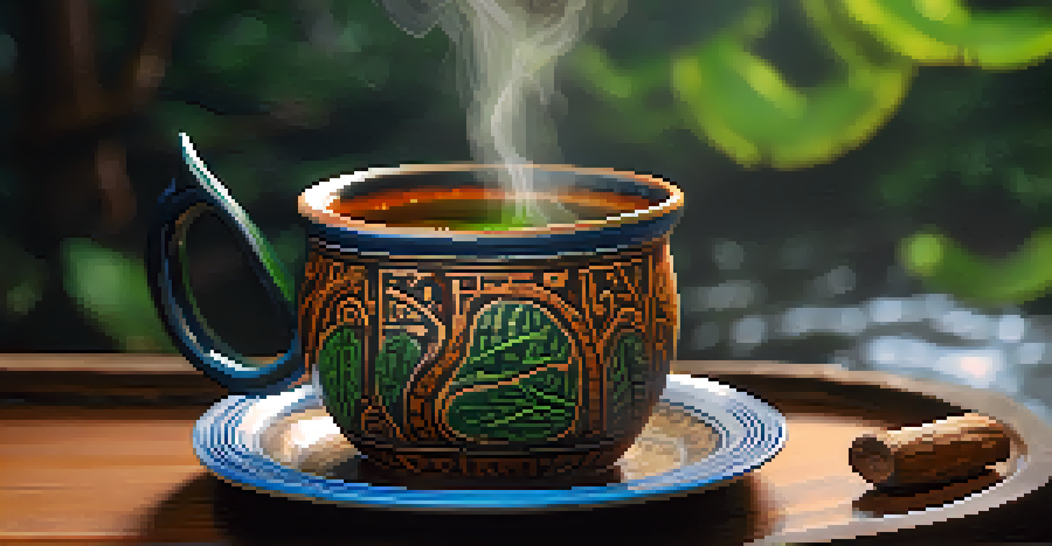 A close-up of a dark Ayahuasca brew in a ceramic cup on a wooden table, with steam rising and surrounded by natural elements.