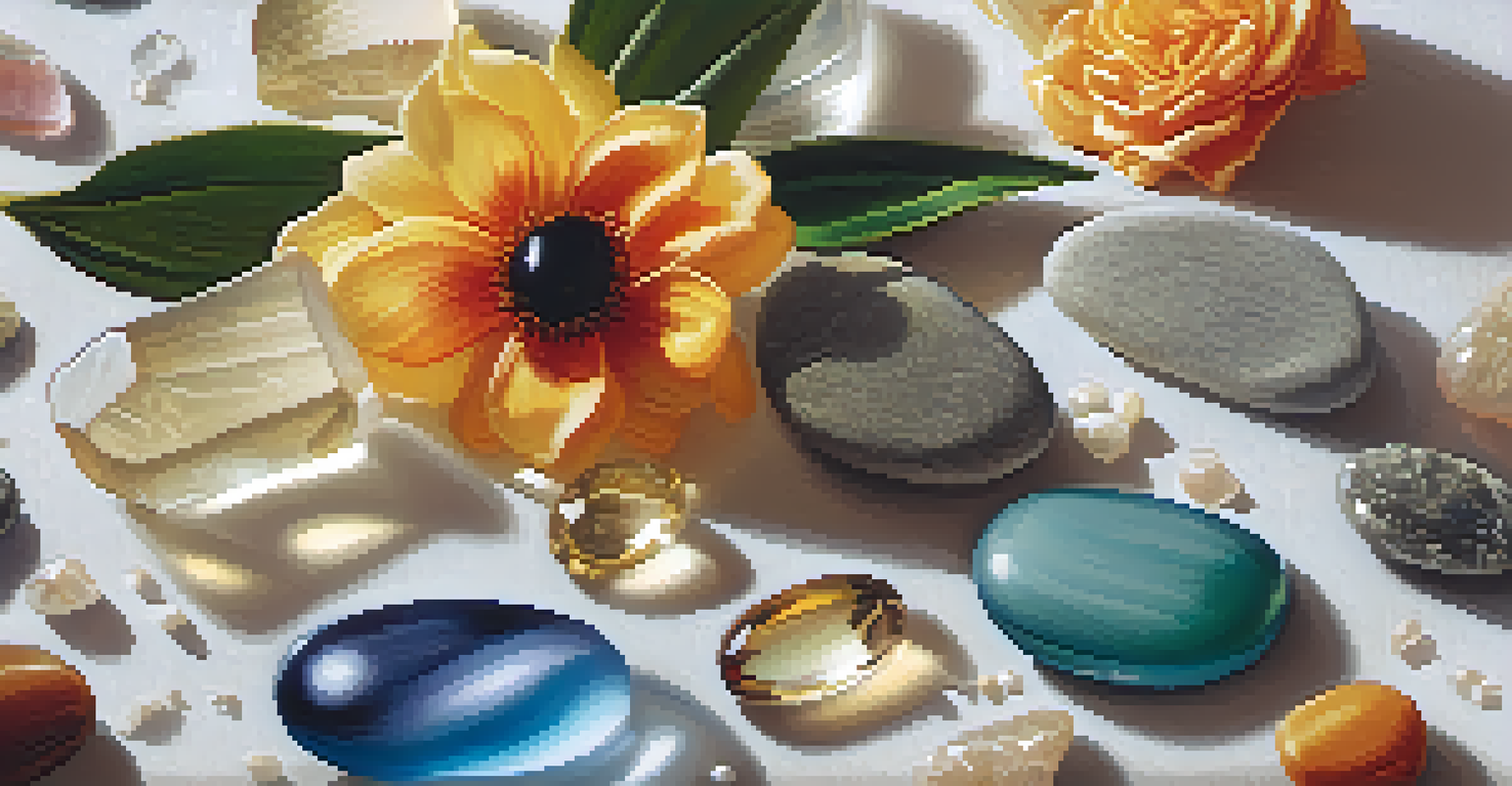 A close-up of colorful flowers, polished stones, and crystals arranged on a textured fabric, illuminated by warm light.