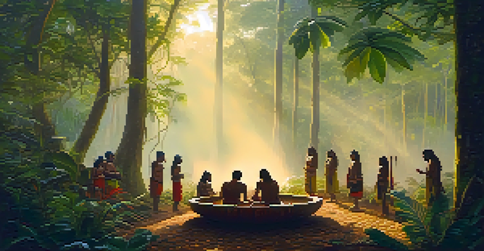 A tranquil Amazon rainforest at sunrise with indigenous people preparing for an Ayahuasca ceremony.