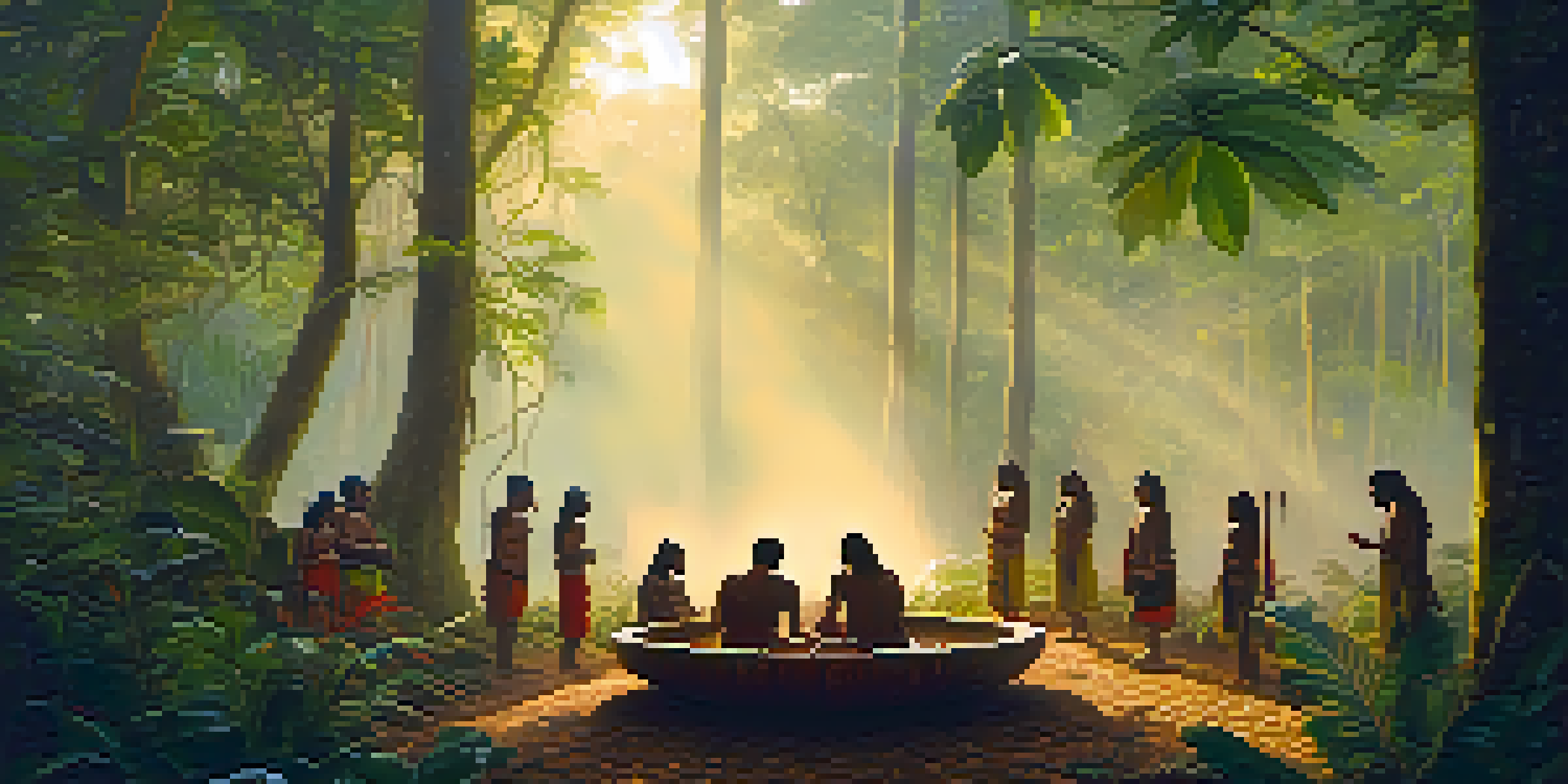 A tranquil Amazon rainforest at sunrise with indigenous people preparing for an Ayahuasca ceremony.