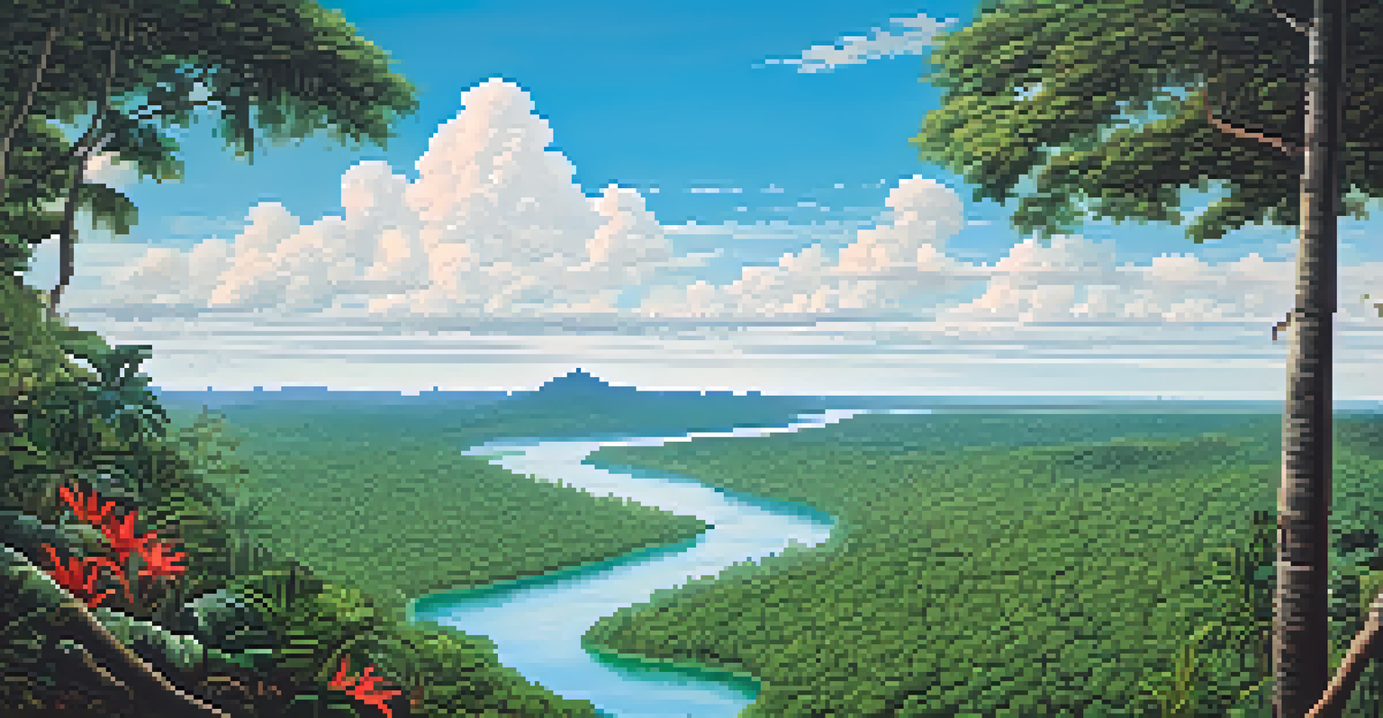 A panoramic view of the Amazon rainforest from above, featuring dense greenery, winding rivers, and an indigenous hut in the distance under a bright blue sky.