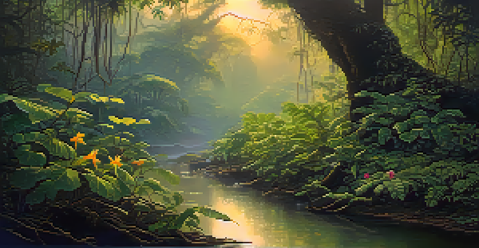 A tranquil Amazon rainforest at dawn with mist, featuring the Banisteriopsis caapi vine and golden sunlight filtering through the trees.