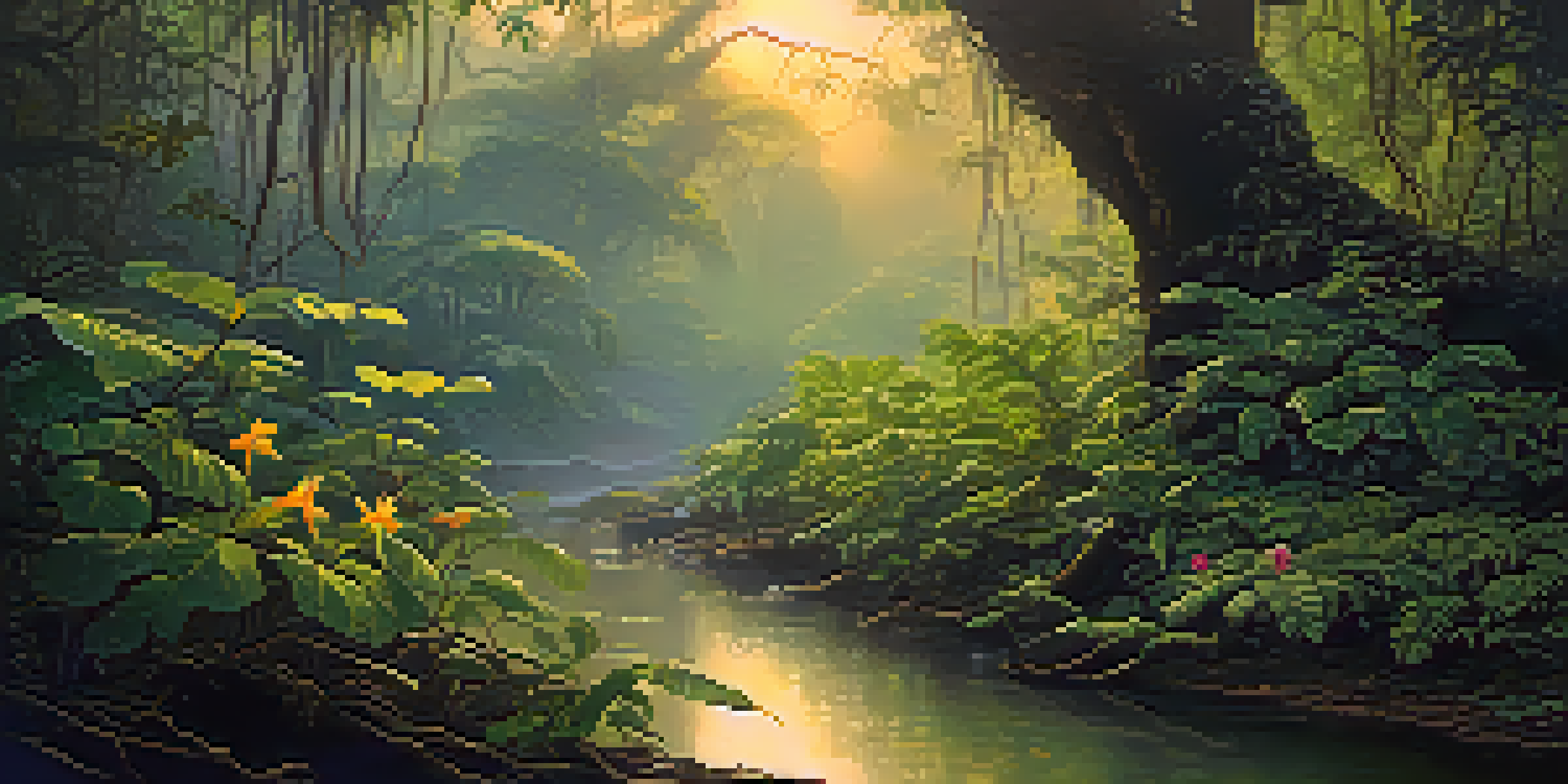 A tranquil Amazon rainforest at dawn with mist, featuring the Banisteriopsis caapi vine and golden sunlight filtering through the trees.