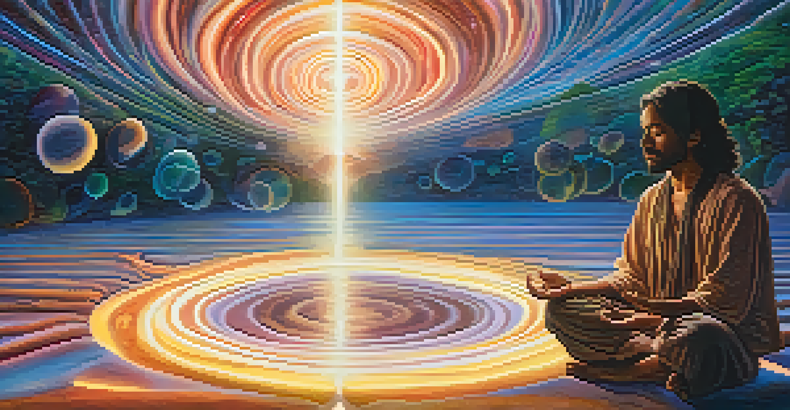 A meditative scene of a person surrounded by glowing orbs, symbolizing insights during an Ayahuasca journey, with soft colors and light.