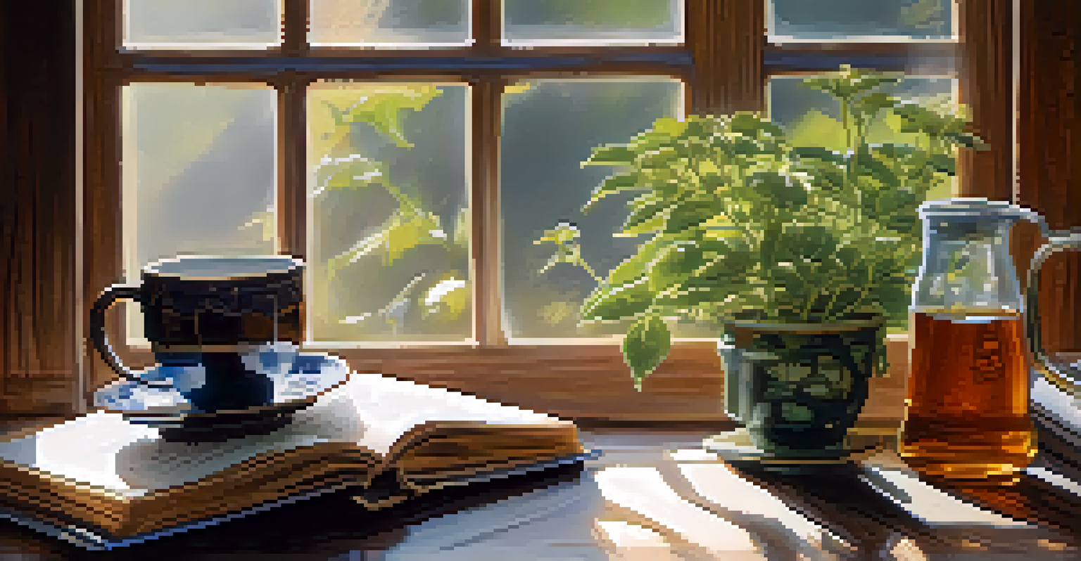 An open journal with handwritten notes and sketches on a wooden table beside a cup of herbal tea, illuminated by natural light.