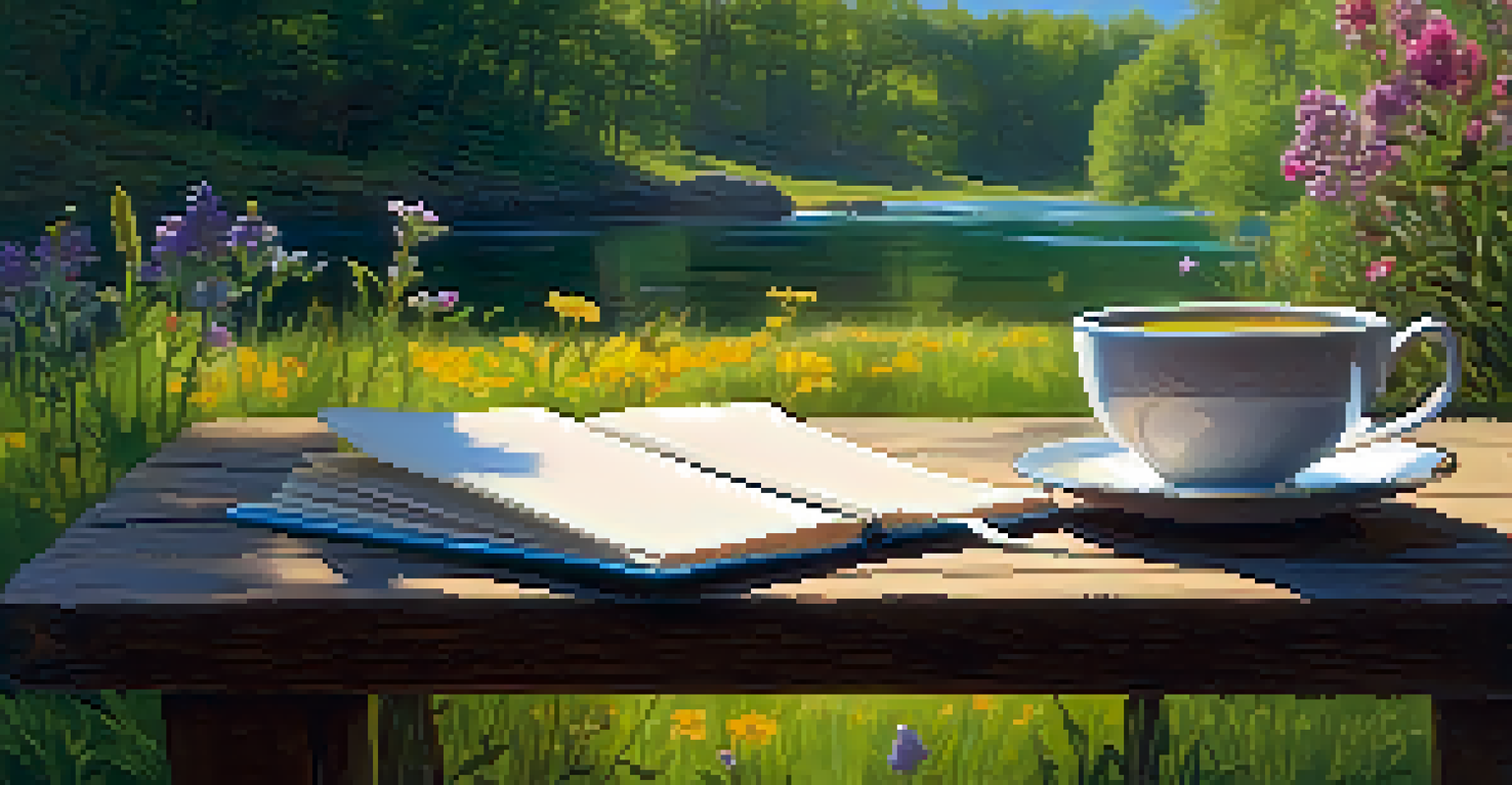 A person journaling outdoors with a cup of tea on a table, surrounded by nature and colorful wildflowers, reflecting on their personal growth.