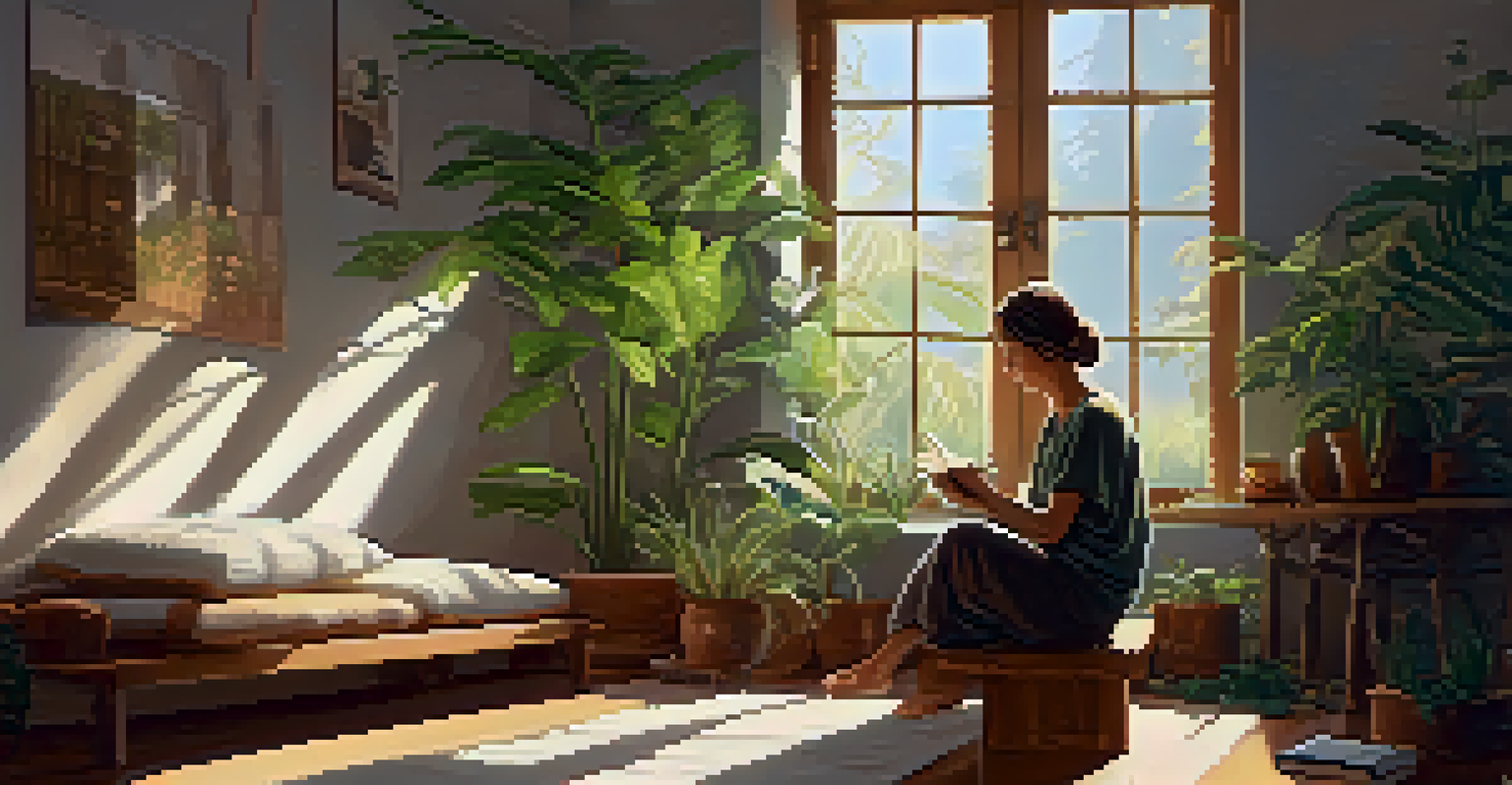 A person journaling about their Ayahuasca experience in a cozy, sunlit room filled with plants, symbolizing peace and healing.