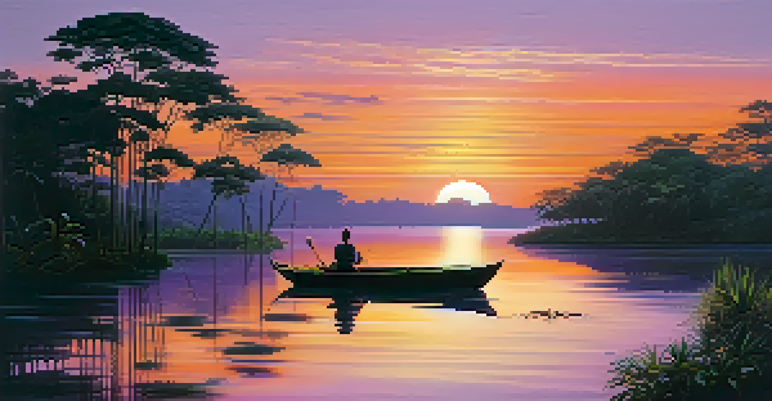 A beautiful sunset over the Amazon rainforest, with vibrant colors reflected in calm river waters and a small boat symbolizing a journey of healing.