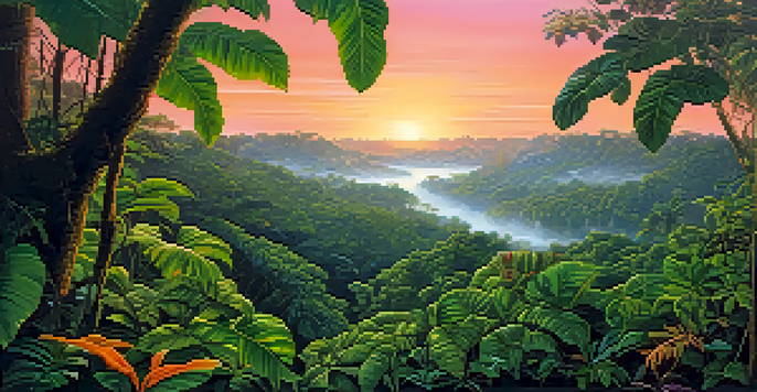 A colorful sunset over a lush Amazon rainforest filled with green vines and leaves, creating a mystical atmosphere.