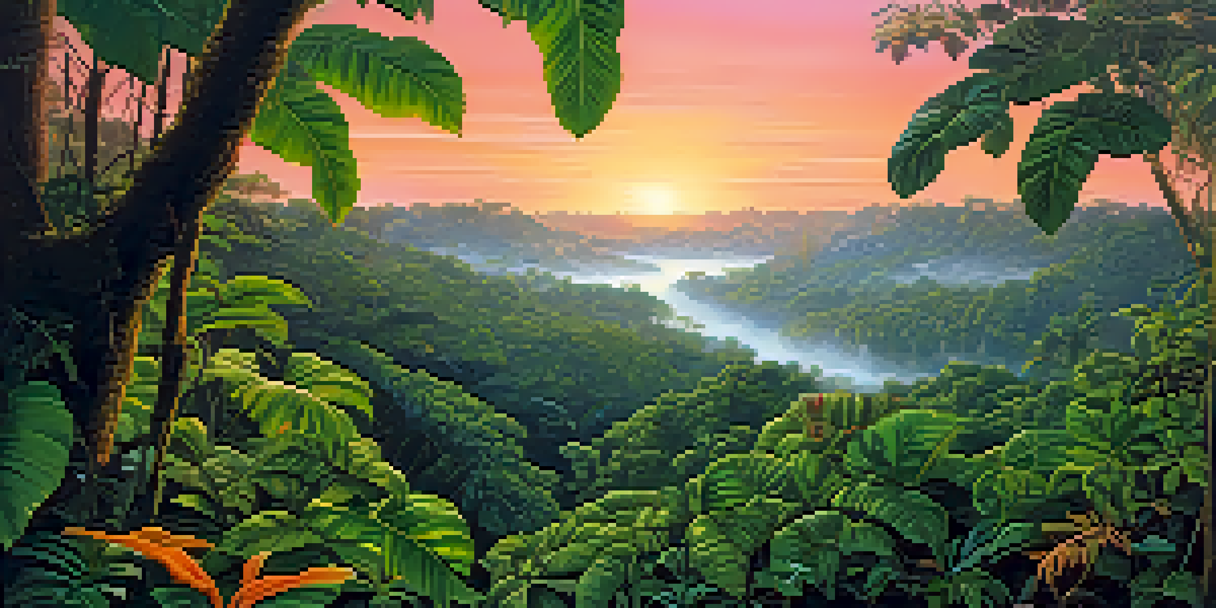 A colorful sunset over a lush Amazon rainforest filled with green vines and leaves, creating a mystical atmosphere.