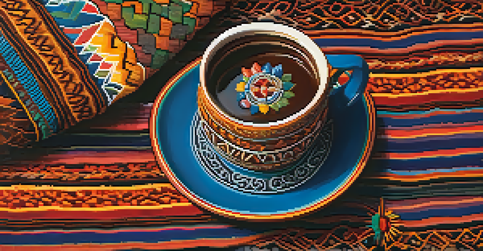 A close-up of a hand holding a cup of Ayahuasca against a backdrop of colorful traditional fabrics.
