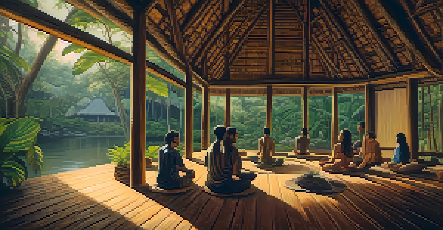 A peaceful Ayahuasca retreat in a rustic wooden lodge surrounded by rainforest, with participants meditating and enjoying the serene atmosphere.