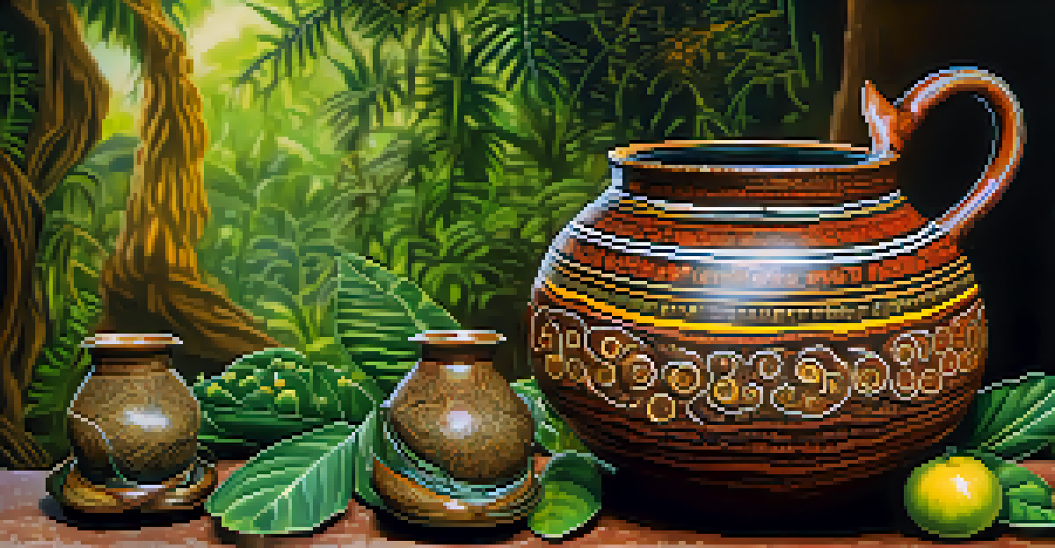 A close-up of Ayahuasca brew in a gourd surrounded by lush green plants, showcasing its rich color and sacred qualities.