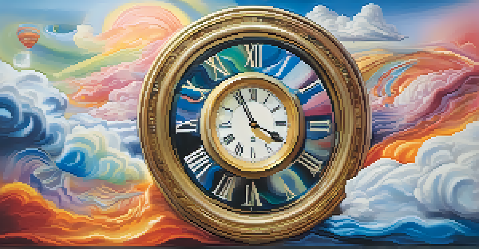 An abstract image showing a melting clock in a dream-like landscape, symbolizing the alteration of time perception with swirling colors.