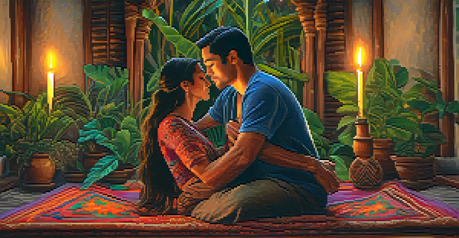 A couple embracing in a cozy, candle-lit room after an Ayahuasca ceremony, surrounded by colorful textiles and plants, conveying intimacy and connection.