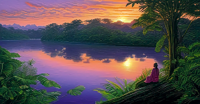 A tranquil Amazon rainforest setting with lush greenery, a flowing river, and a shaman in traditional clothing by candlelight during sunset.