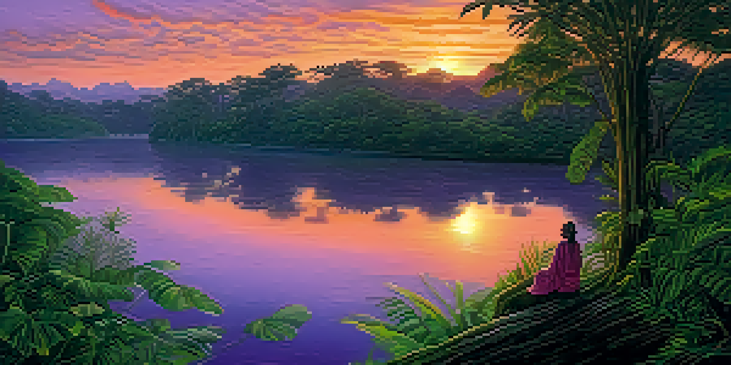 A tranquil Amazon rainforest setting with lush greenery, a flowing river, and a shaman in traditional clothing by candlelight during sunset.
