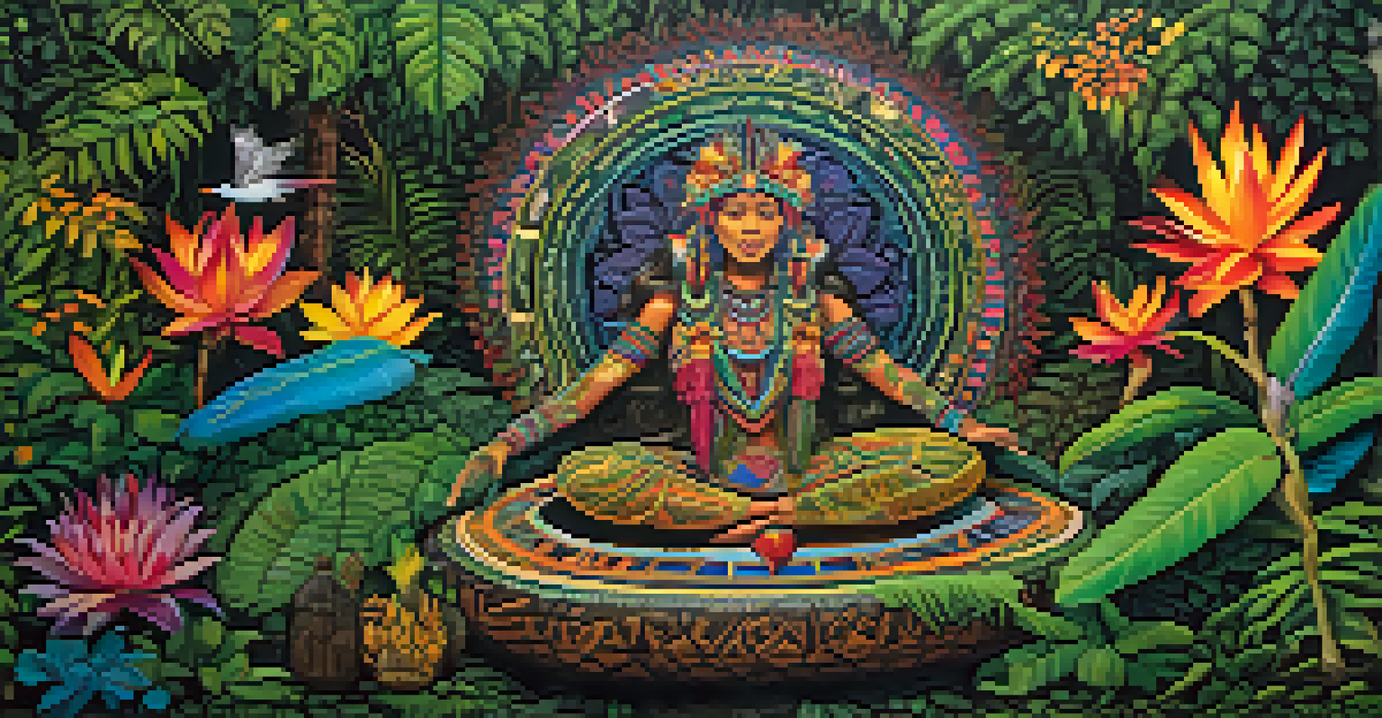 A colorful indigenous art piece inspired by Ayahuasca experiences, surrounded by lush Amazon rainforest, with soft light enhancing its textures and patterns.