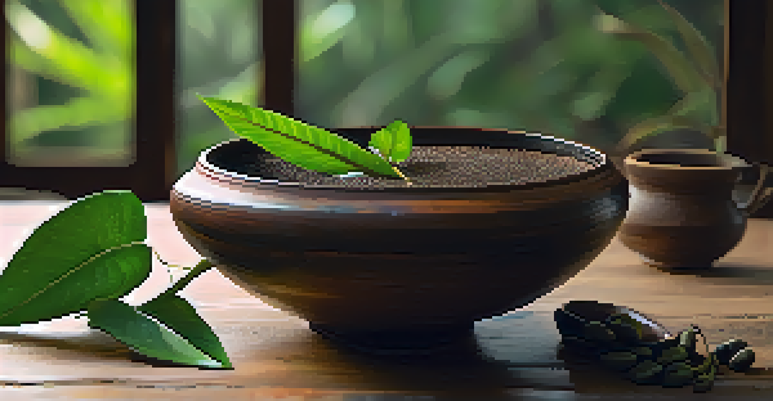 Close-up of a traditional Ayahuasca brew in a handmade ceramic bowl, with dark brown color and fresh leaves arranged beside it on a rustic wooden table.
