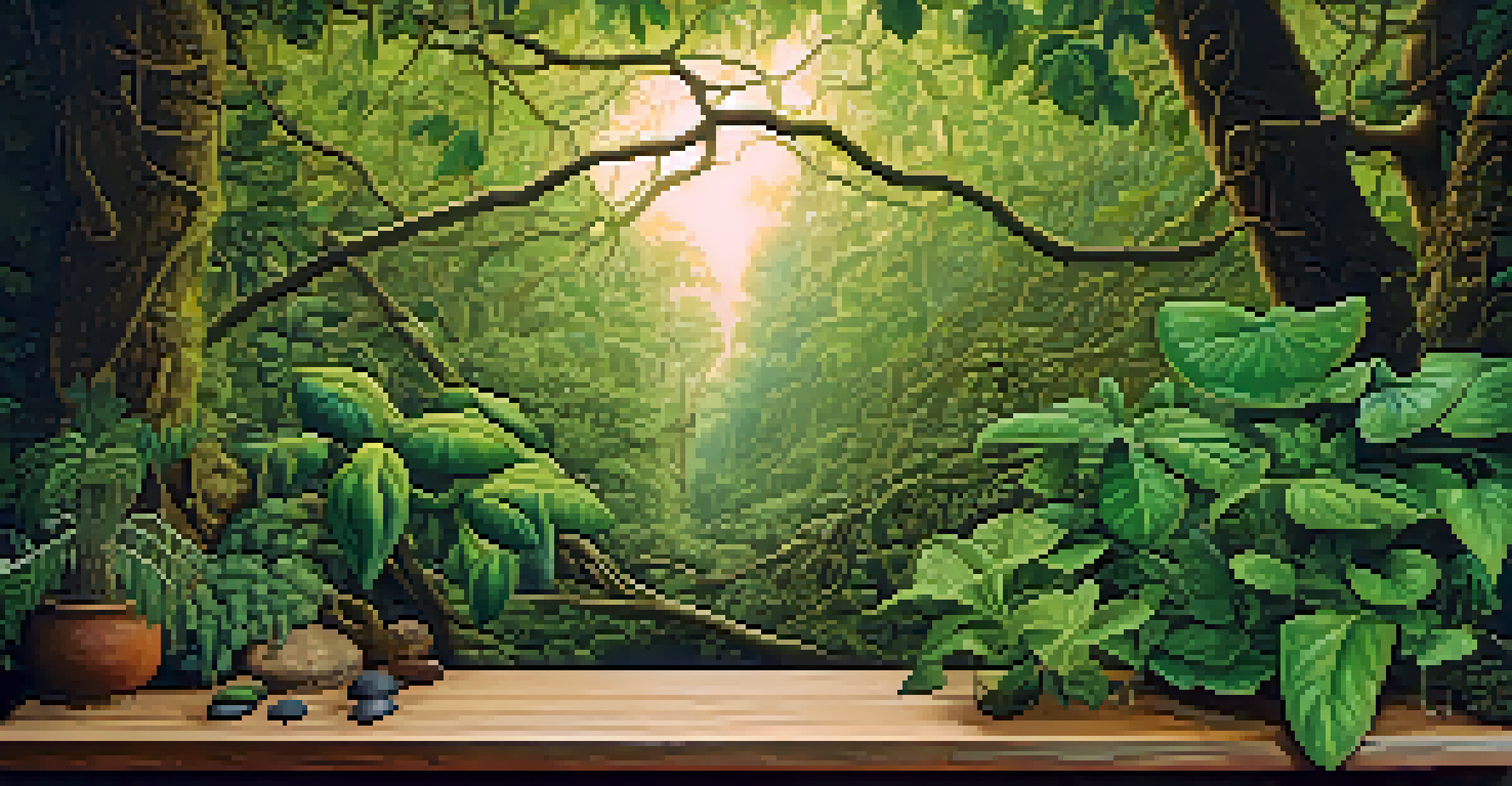 A peaceful arrangement of the natural ingredients of Ayahuasca, including the Banisteriopsis caapi vine and various plants, on a textured wooden surface in natural light.