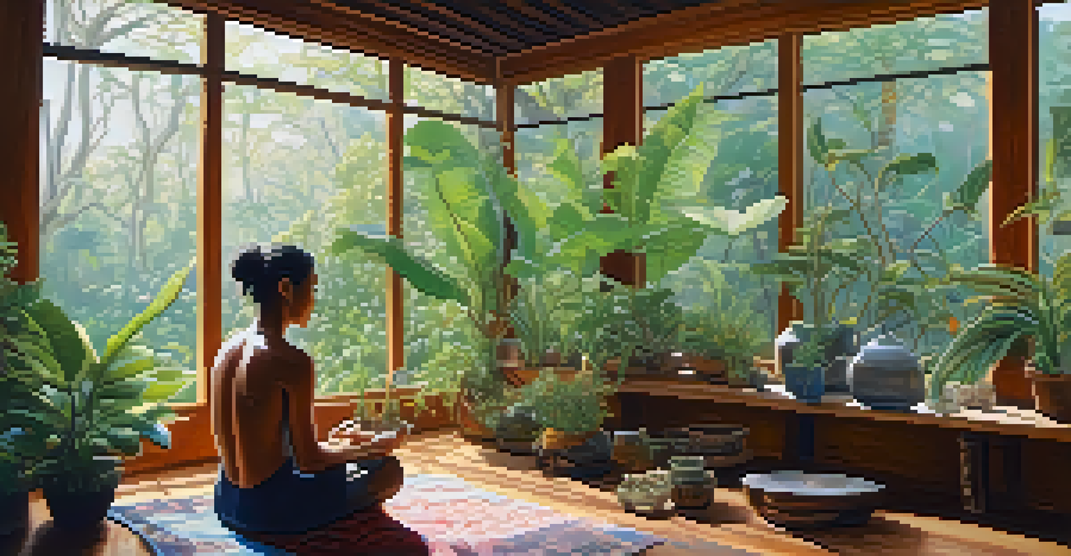 A person sitting in a cozy room with plants, journaling after an Ayahuasca ceremony, symbolizing integration and self-reflection.