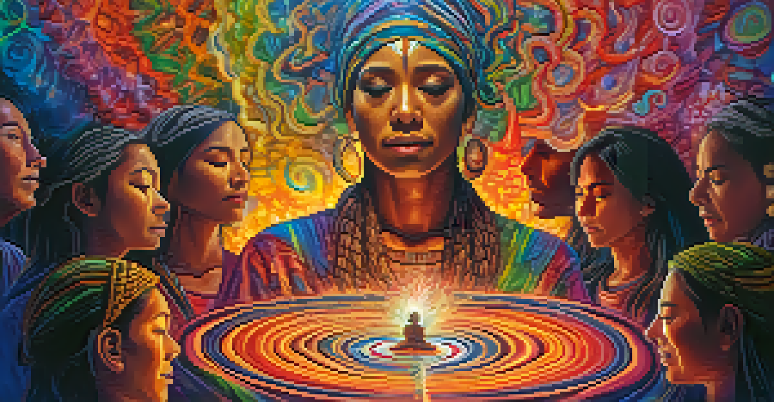 An artistic representation of emotional release during an Ayahuasca ceremony, showcasing a participant's catharsis amidst swirling colors.