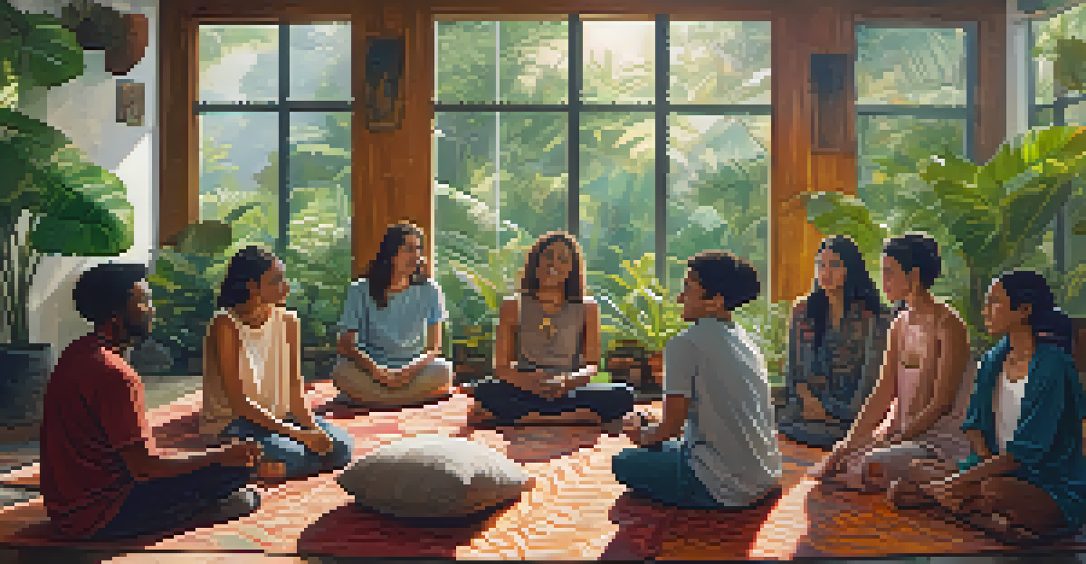 A cozy indoor sharing circle of participants discussing their experiences after an Ayahuasca ceremony, surrounded by plants and warm lighting.