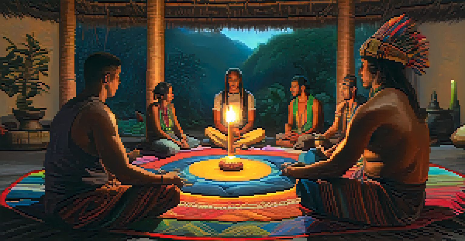 Participants seated in a circle during an Ayahuasca ceremony, with a shaman at the center holding a ceremonial cup in a dimly lit room.