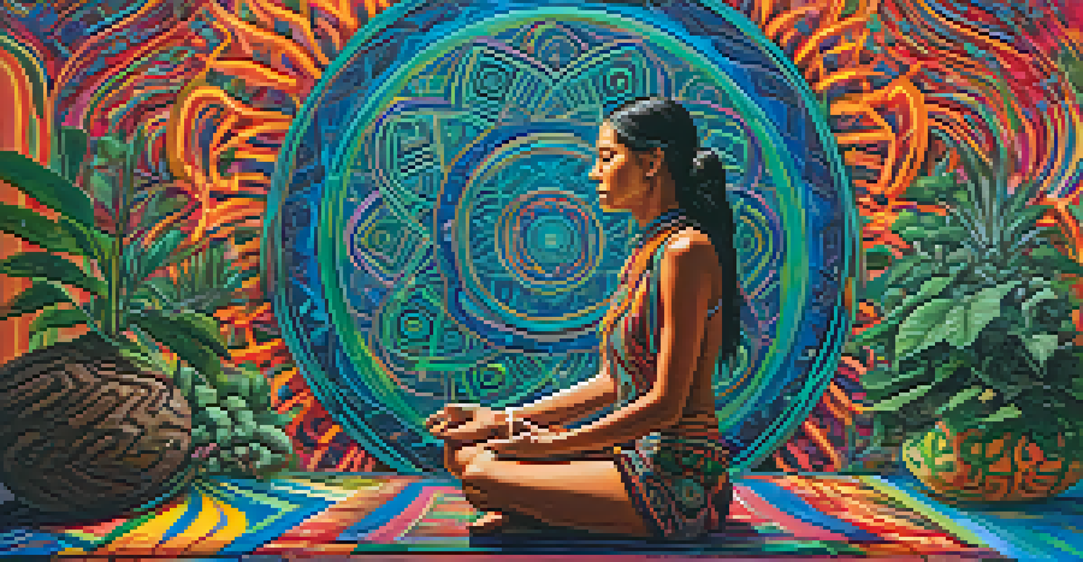 A person meditating with closed eyes, surrounded by colorful abstract patterns and tribal symbols, representing the visionary experiences during an Ayahuasca ceremony.